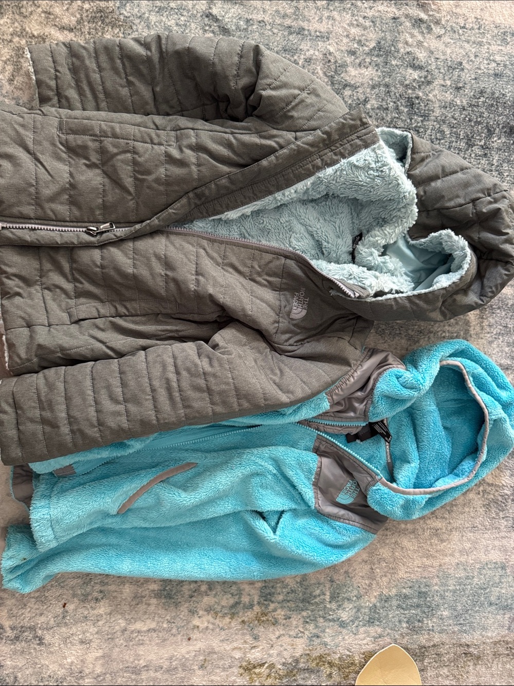 The North Face Gray Quilted Jacket with Turquoise Fleece Hoodie